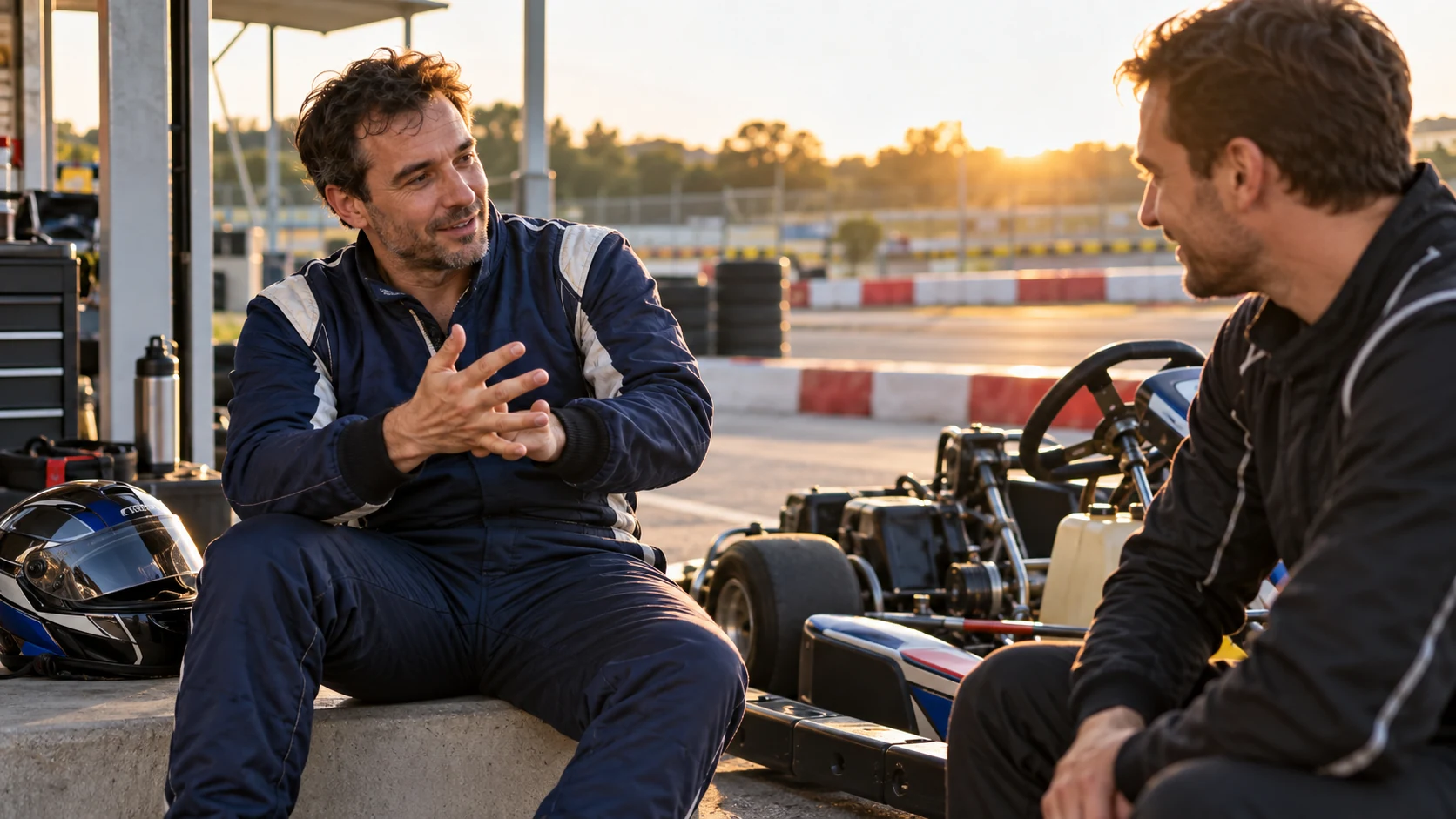 Piloto de kart conversa com um profissional após sair da pista, em área segura do box.