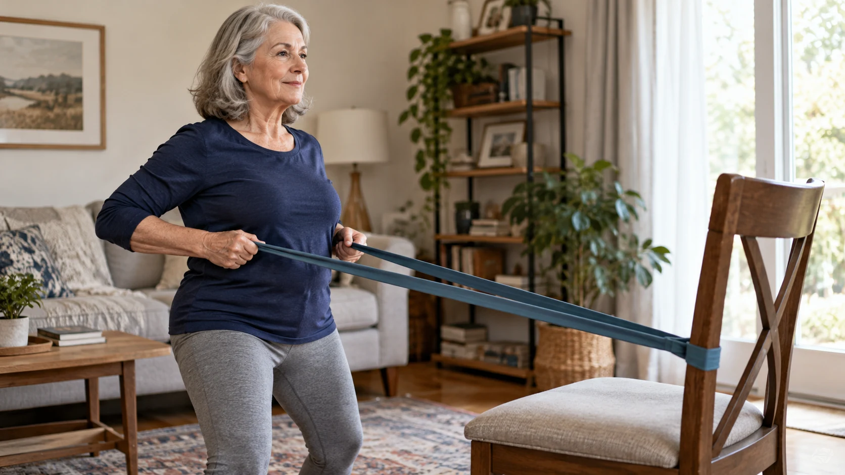 Mulher faz exercício com faixa elástica em casa, com postura confortável.