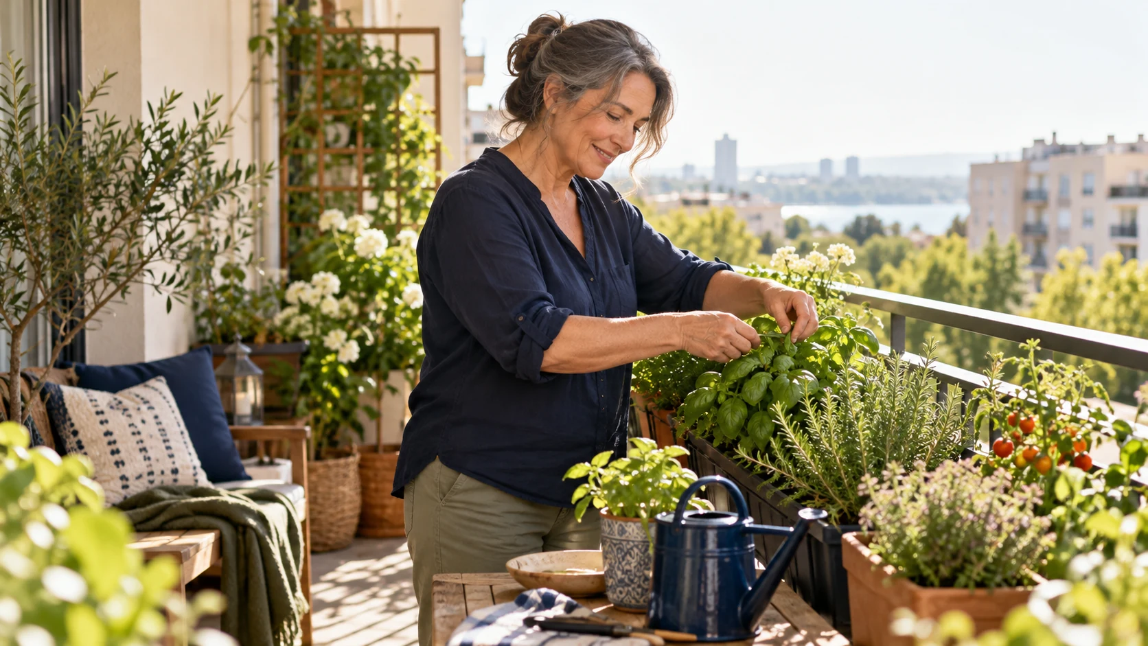 Mulher cuida de plantas no jardim, participando de uma atividade cotidiana.
