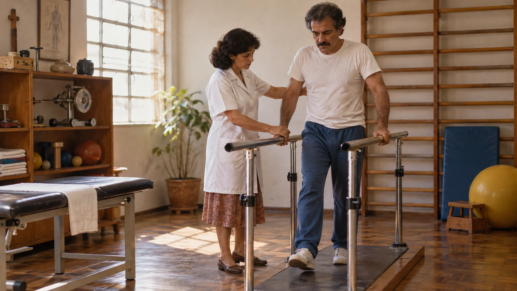 Sala de fisioterapia antiga com equipamentos simples e luz natural, em uma cena histórica ilustrativa.
