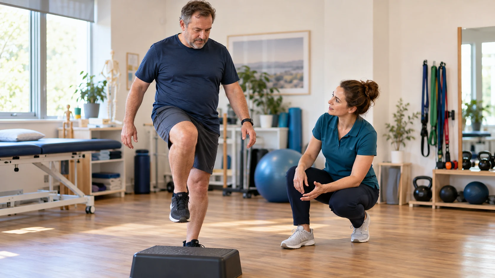 Fisioterapeuta observa uma pessoa praticando um exercício de subida em degrau.
