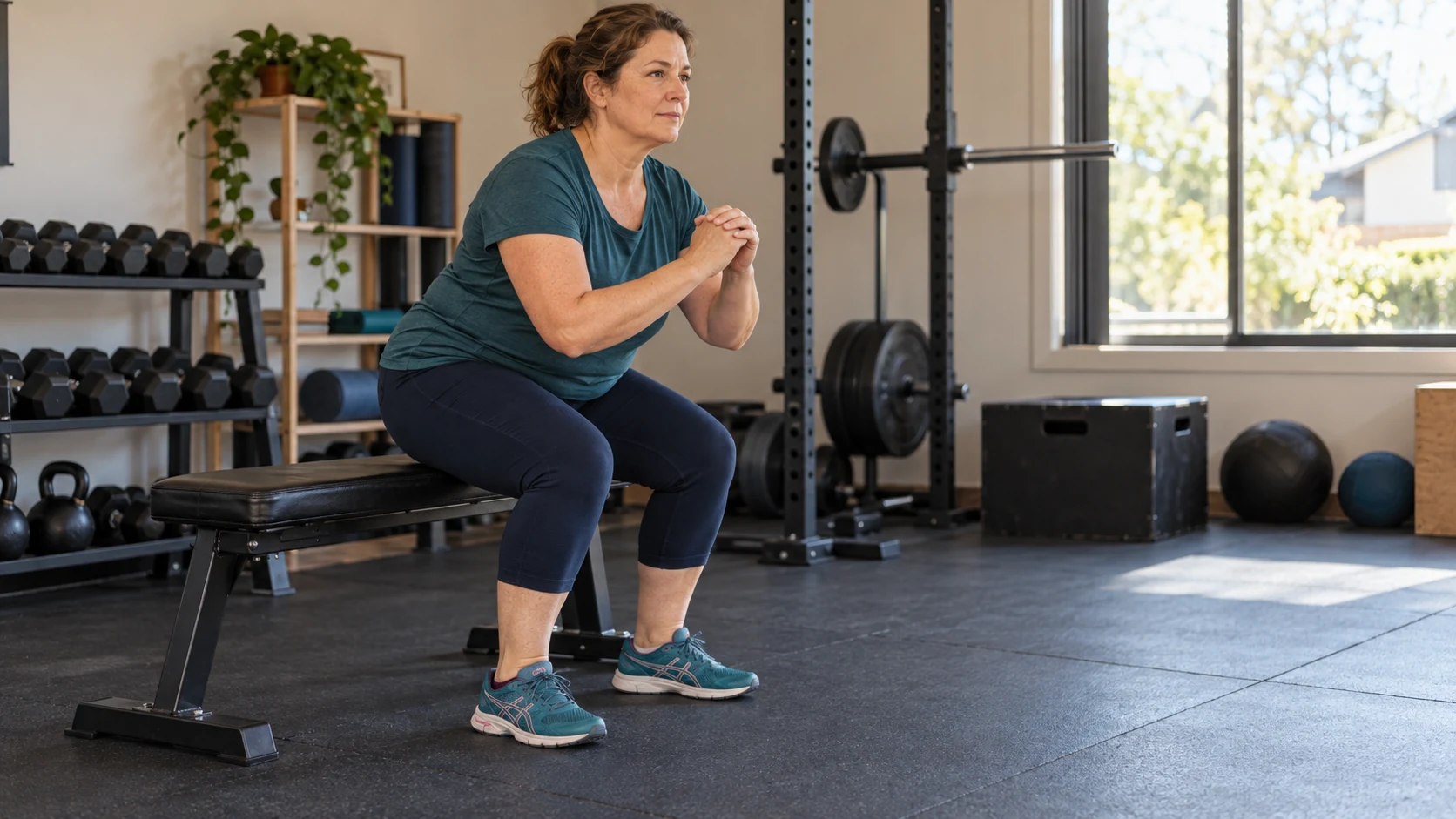 Mulher pratica um agachamento controlado em uma sala de exercícios.
