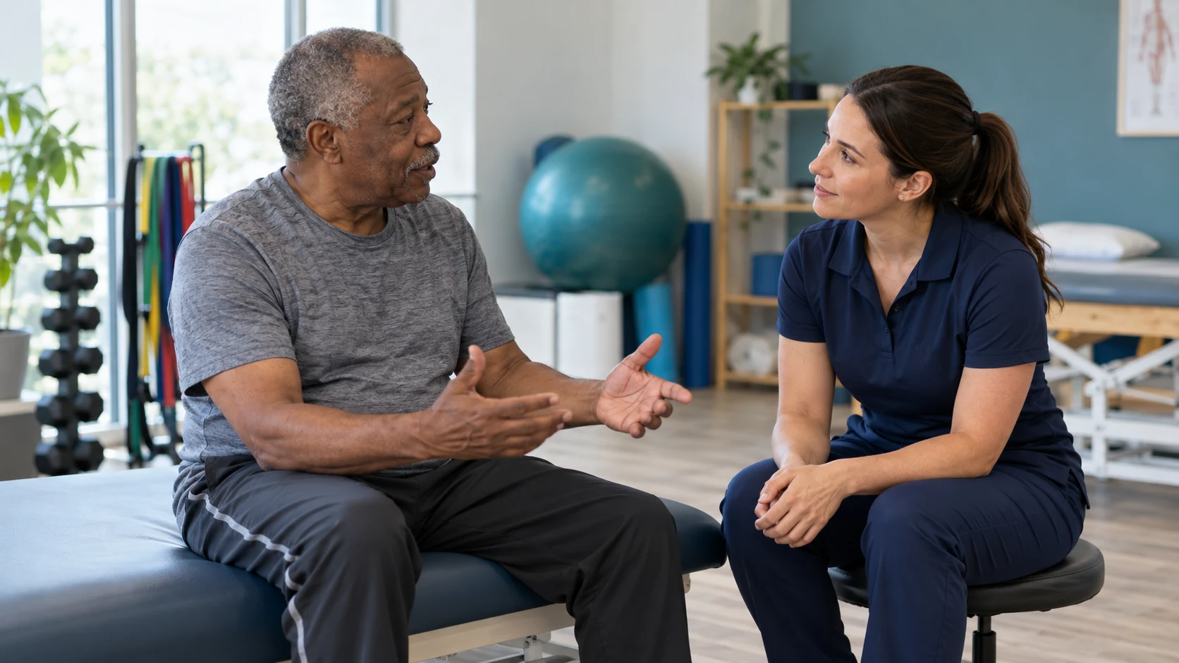 Fisioterapeuta escuta um paciente durante uma conversa em consultório.