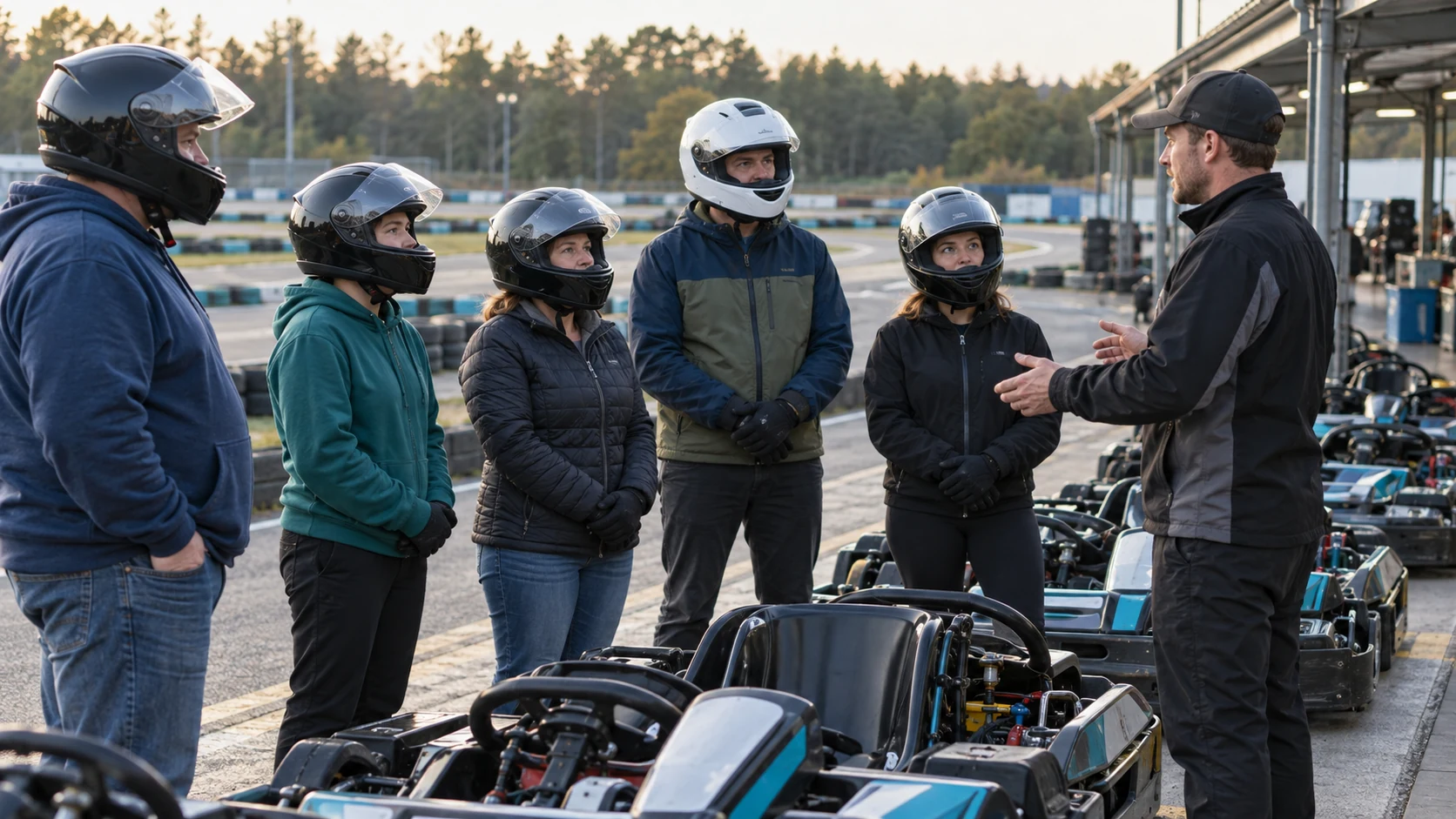 Grupo de pilotos participa de uma conversa de segurança ao lado de karts parados.