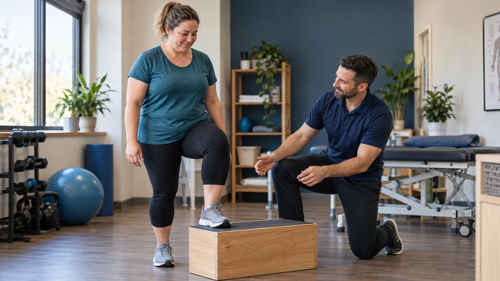 Fisioterapeuta acompanha uma mulher em um exercício funcional de subir um degrau.