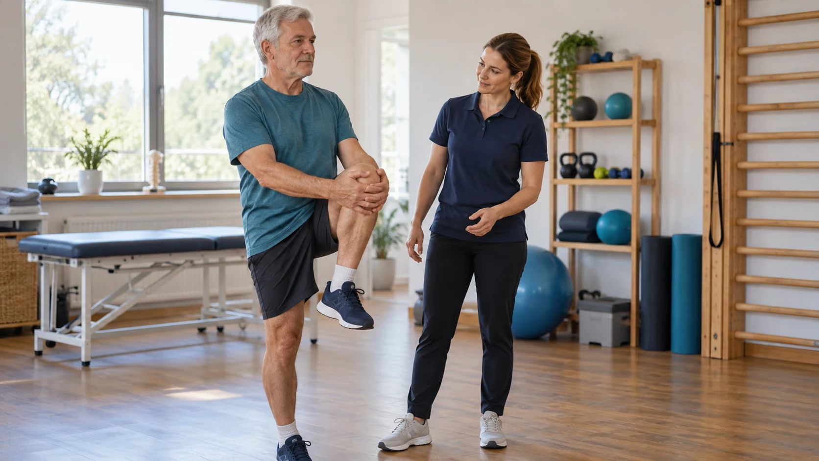 Fisioterapeuta acompanha uma pessoa fazendo um exercício de mobilidade em uma clínica.
