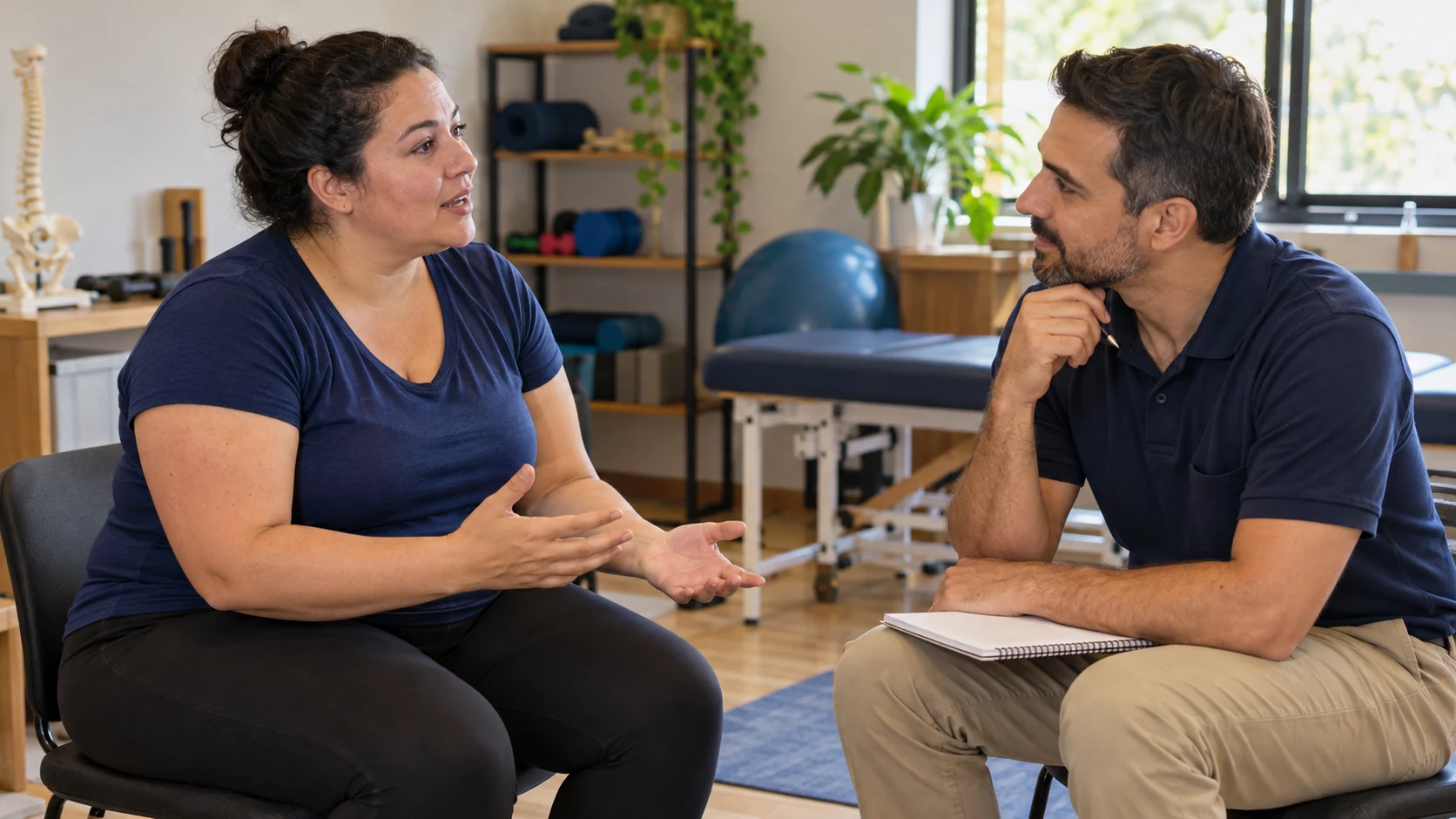 Fisioterapeuta conversa com paciente durante uma avaliação individual em clínica.