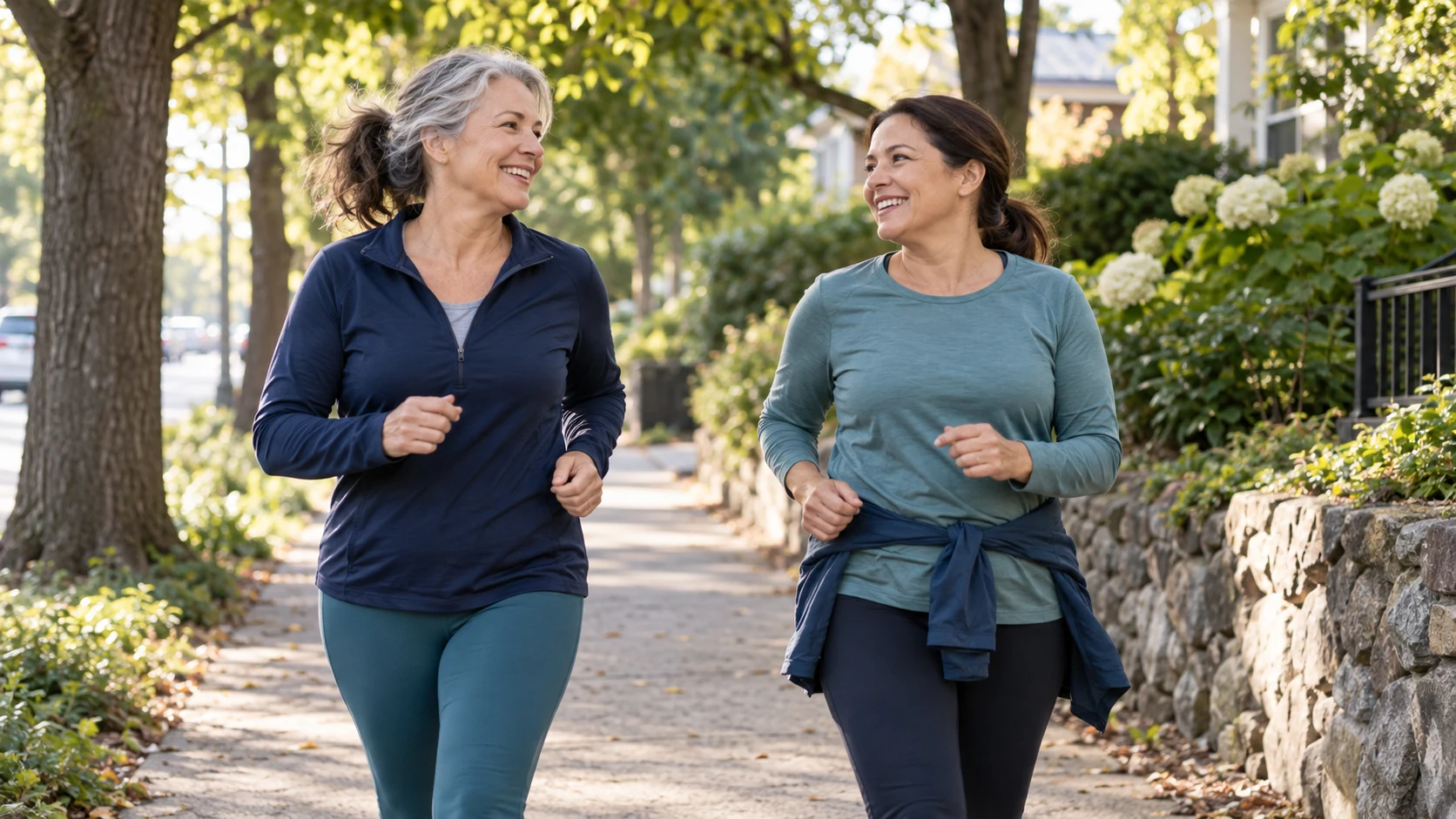 Duas mulheres correm juntas em uma trilha ao ar livre.