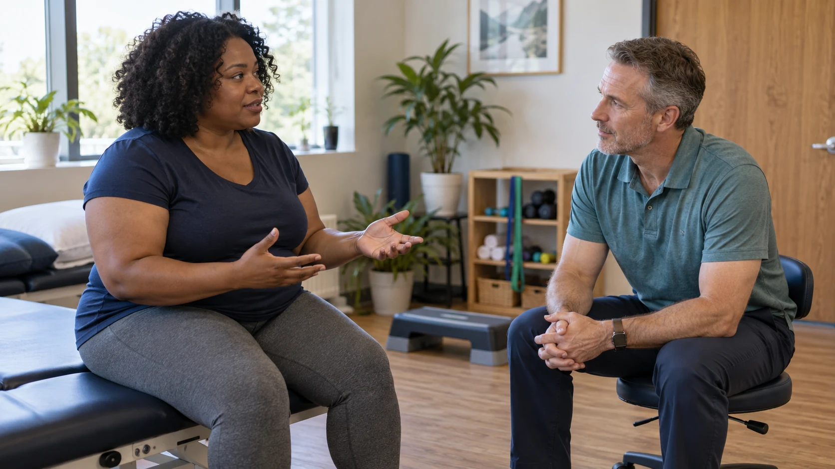 Paciente conversa com fisioterapeuta em uma clínica durante uma avaliação.