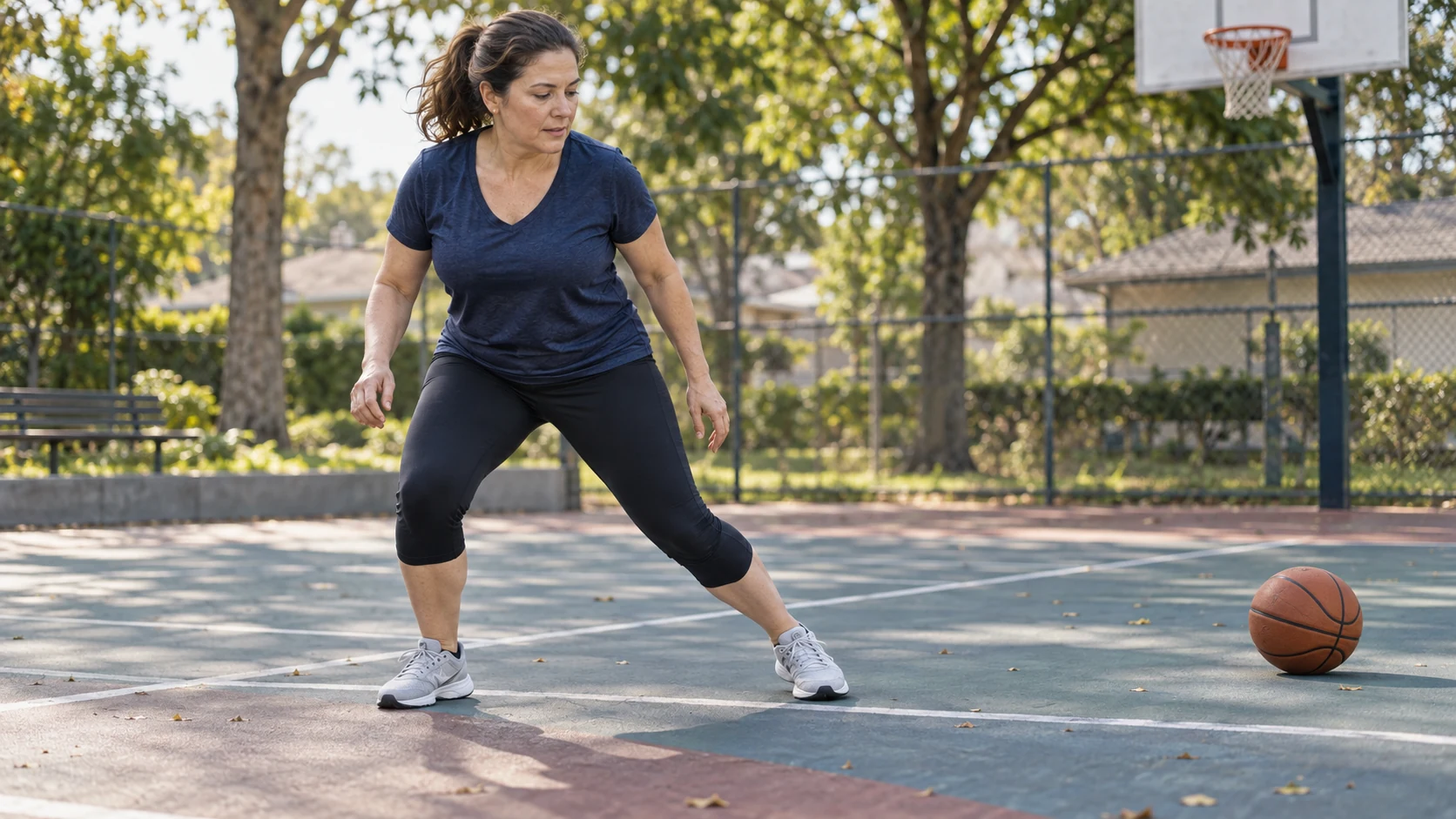 Atleta pratica deslocamento lateral em uma quadra esportiva.