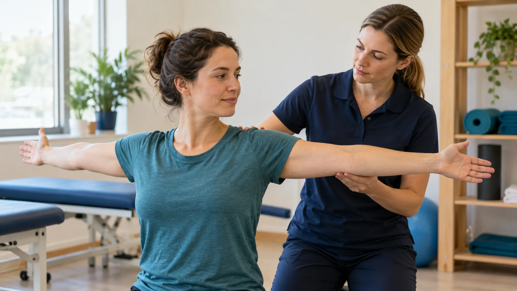 Fisioterapeuta observa uma mulher movimentando os braços durante uma avaliação.