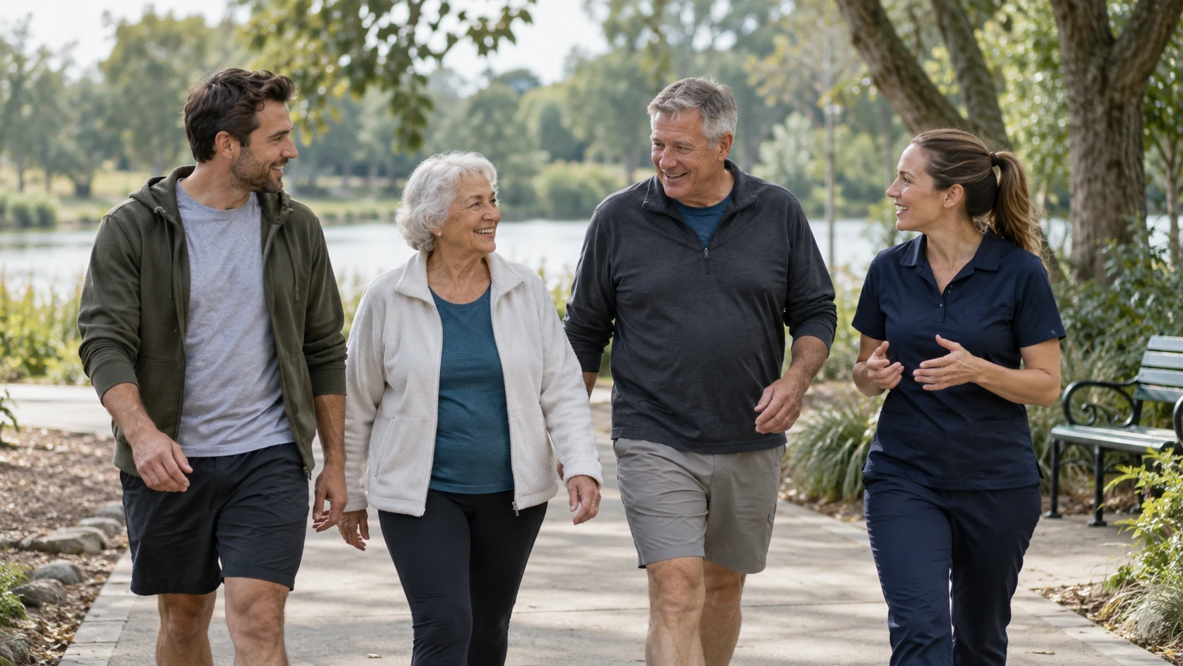 Pessoas de diferentes idades caminham juntas em um parque.