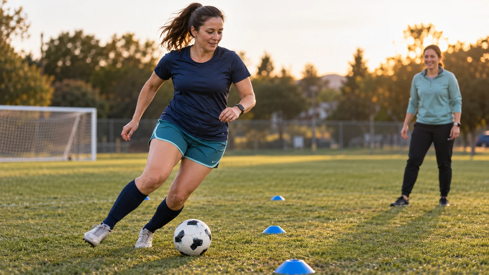 Jogadora recreativa conduz a bola em um campo de futebol durante uma partida.